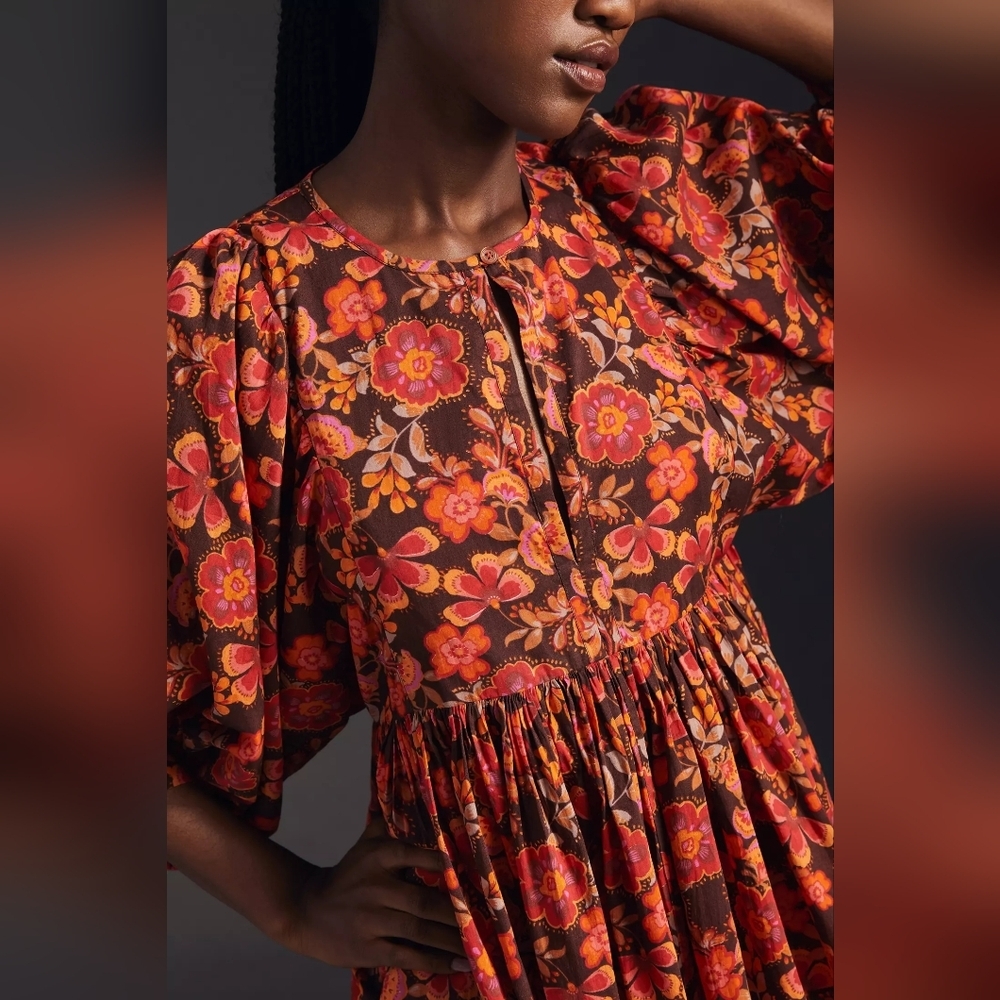 Anthropologie Sundry Boho Tunic Dress Colorful Floral Puff Dolman Sleeves XS / 0 - Picture 12 of 13